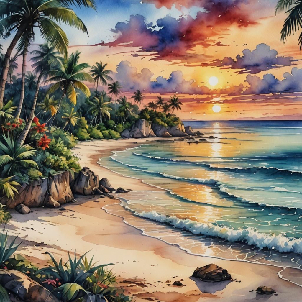 Empty beach, sea, sunset, watercolor