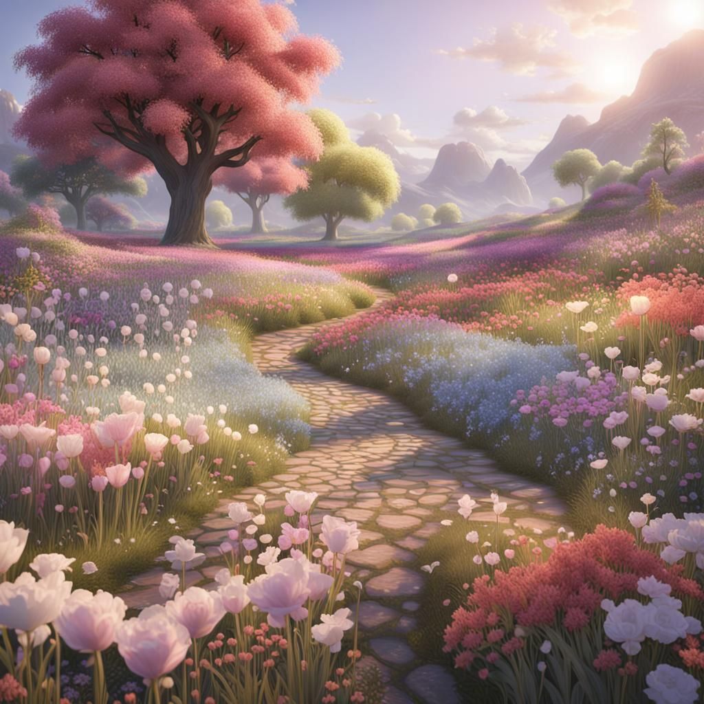 Magical Flower Field in Pastel Colors