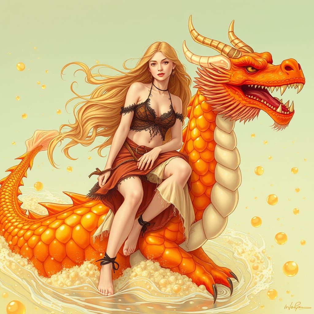 Woman on Gummy Dragon in Effervescent Soda