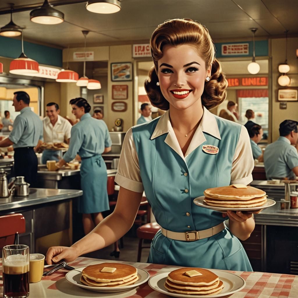 1960s Diner Waitress with Pancakes Illustration