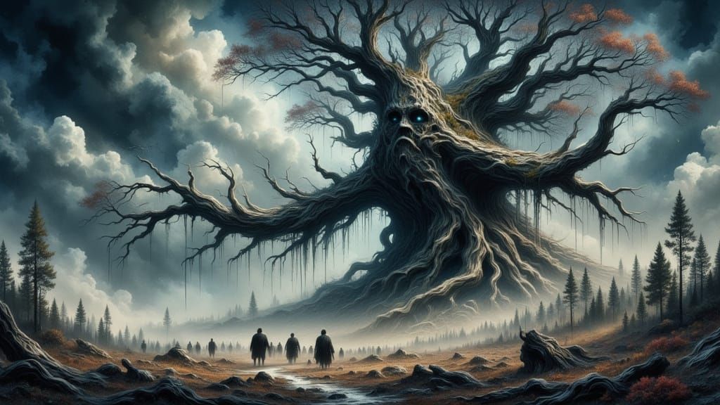 Ancient Tree on Desolate Battlefield in Painterly Style