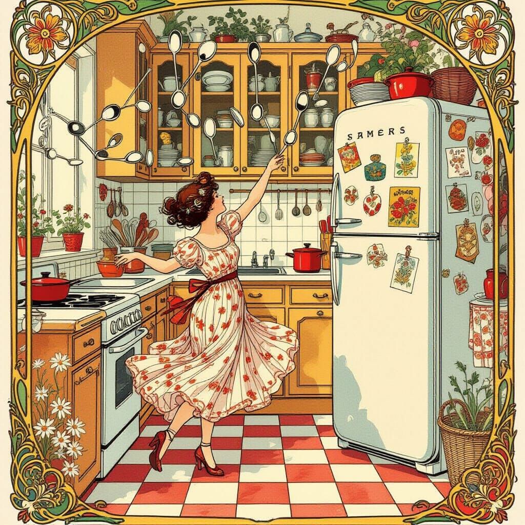 Art Nouveau Whimsical Kitchen with Dancing Dishes