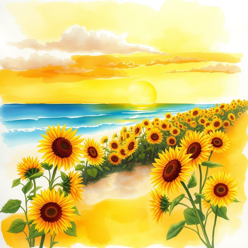 Elegant Watercolour Yellow Sunset Beach with Sunflowers