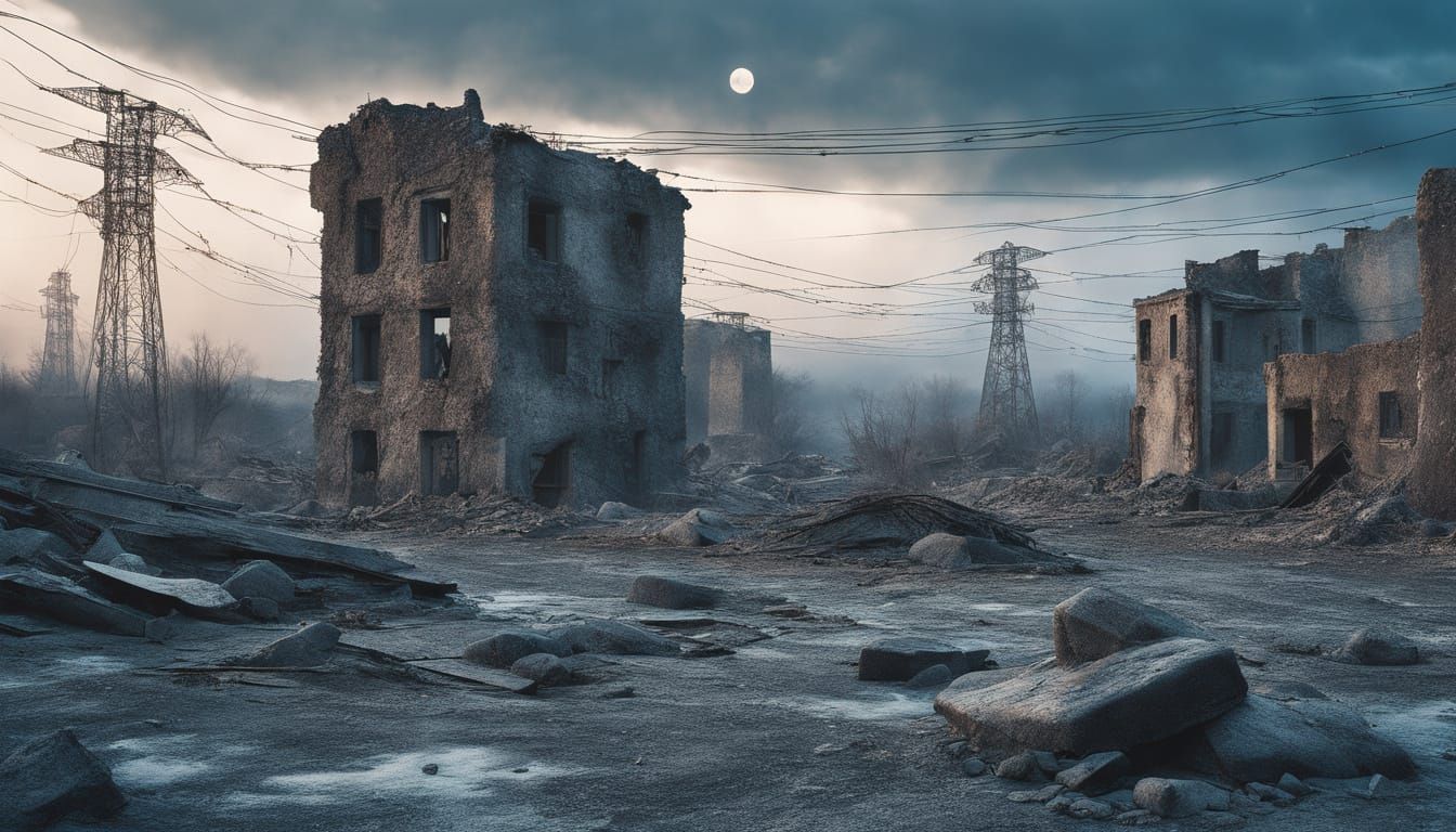 Rubble Landscape Under Blue Moonlight