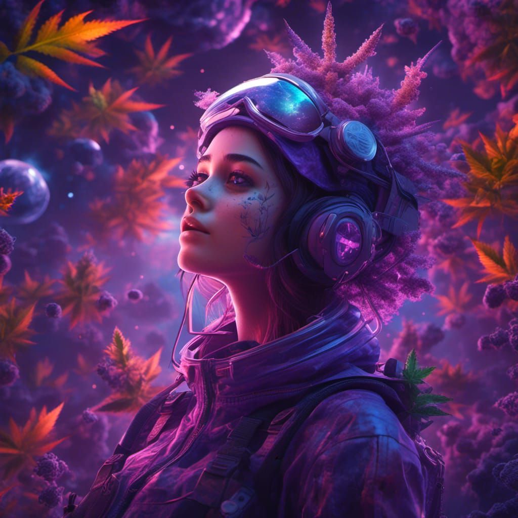 Cute Stoner Girl in Space with Weed Leaves