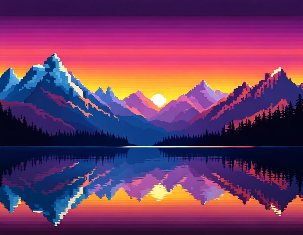 Frozen Lake Sunrise in Pixel Art Style