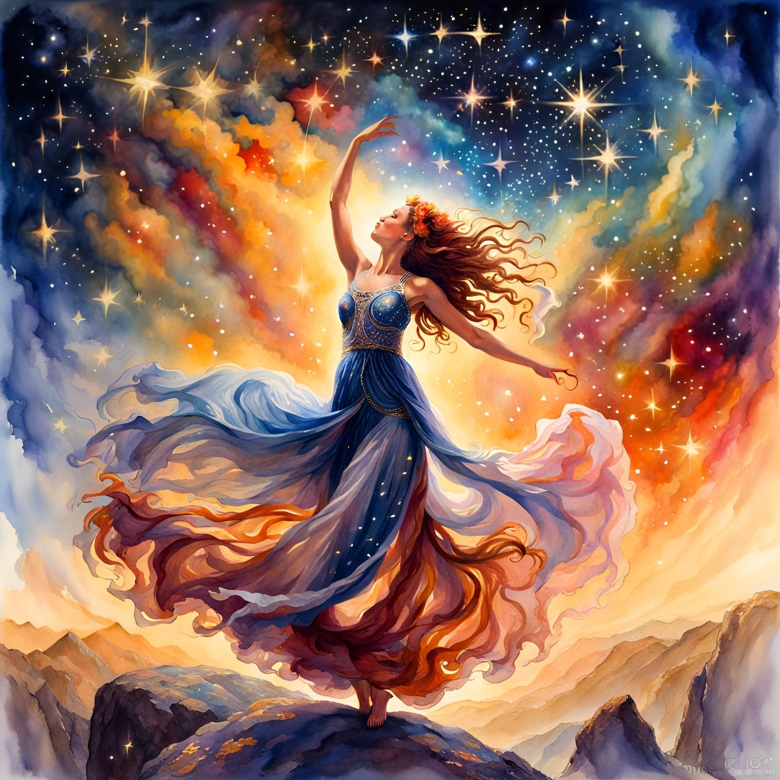 Watercolor Painting of Women Dancing Under Stars