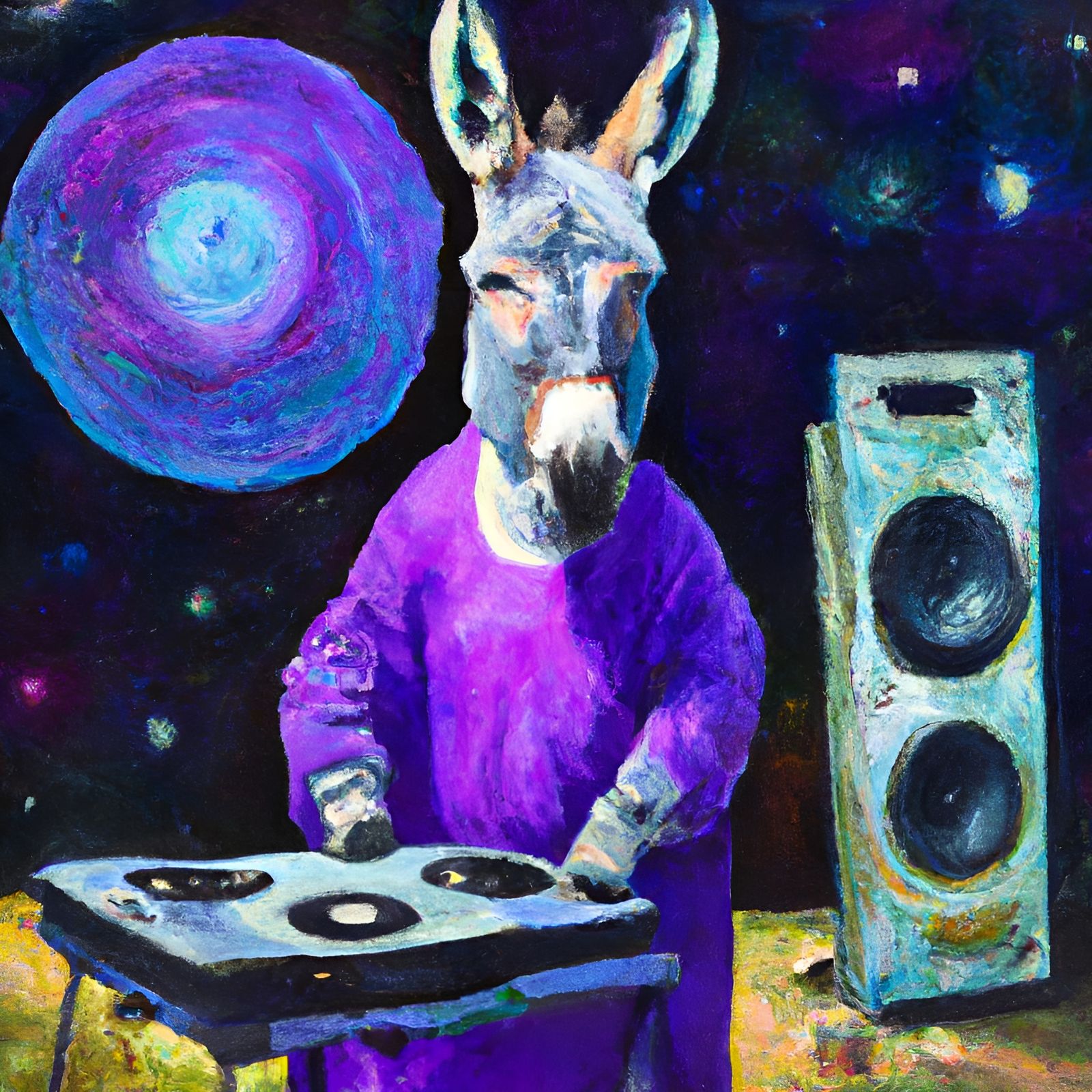 Purple Donkey DJ in Space: Watercolor Masterpiece