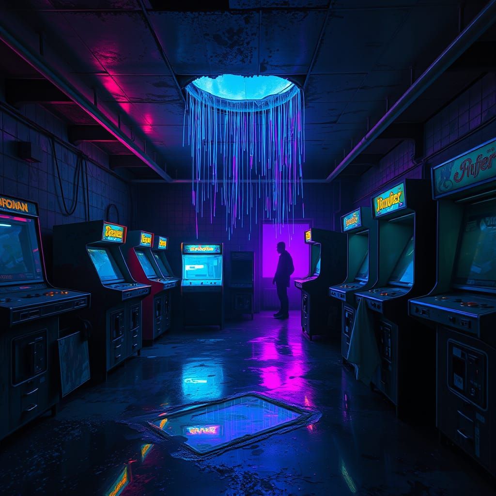 Cyberpunk Arcade Abandoned in a Futuristic Twilight