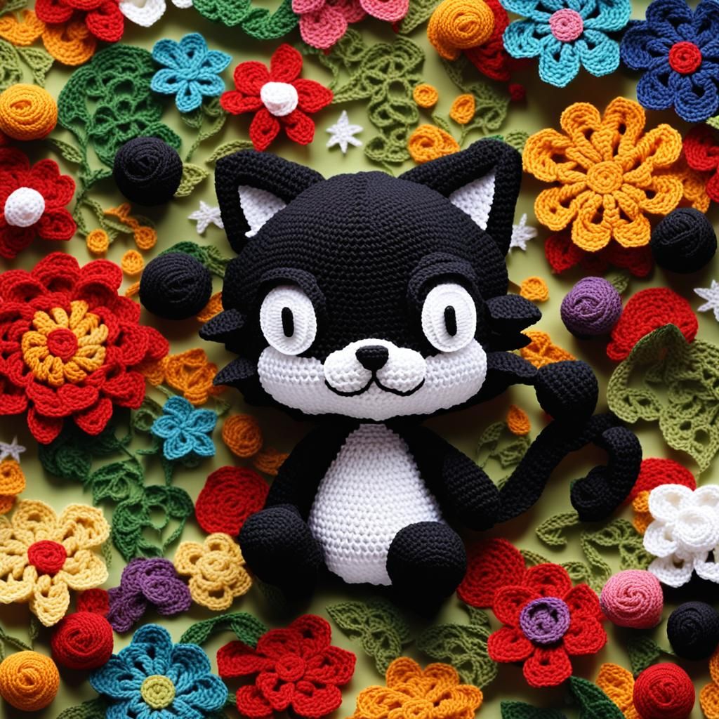 Crocheted Felix the Cat with Origami Flowers