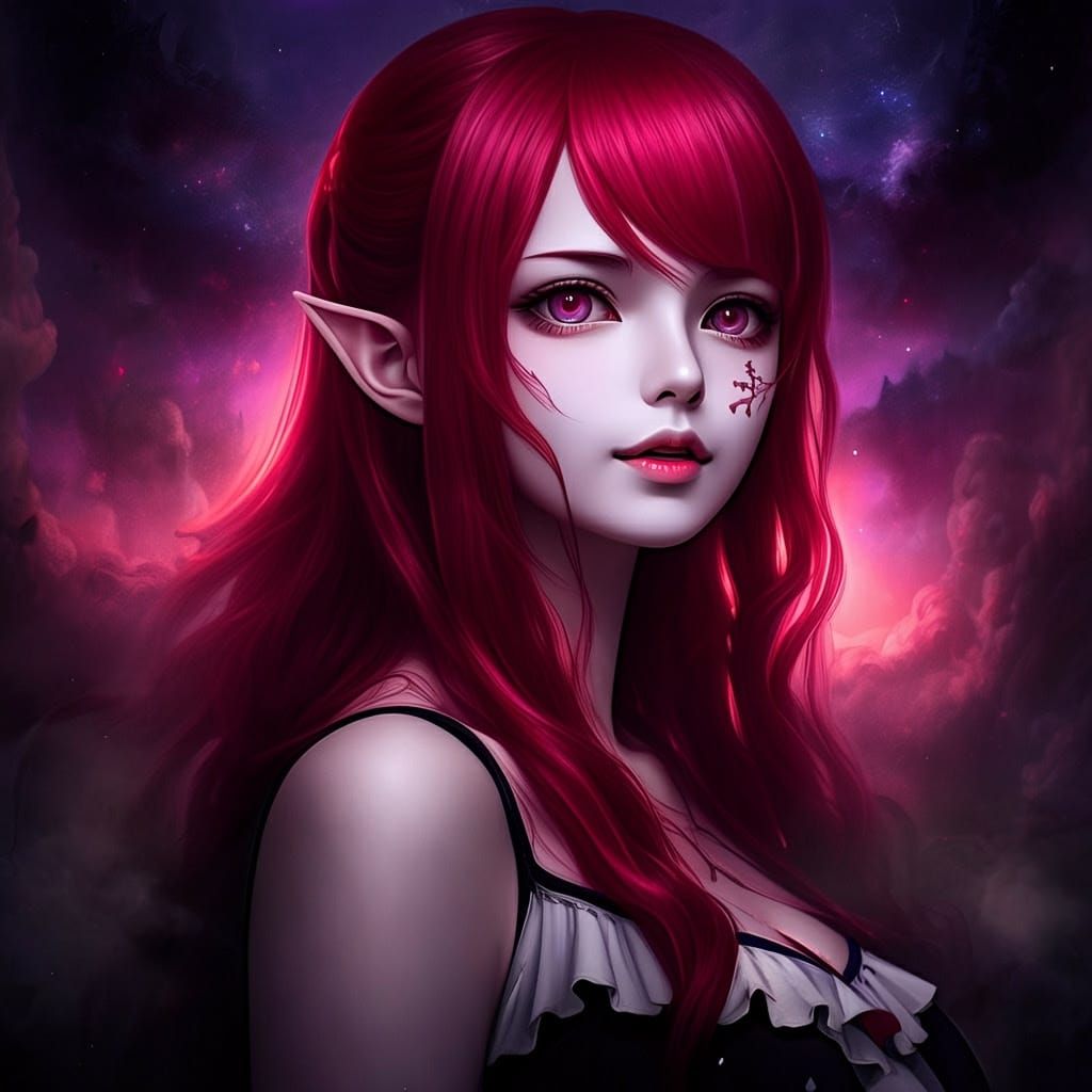 Fantasy Vampire Goddess with Vivid Carmin Hair in Mystical L...