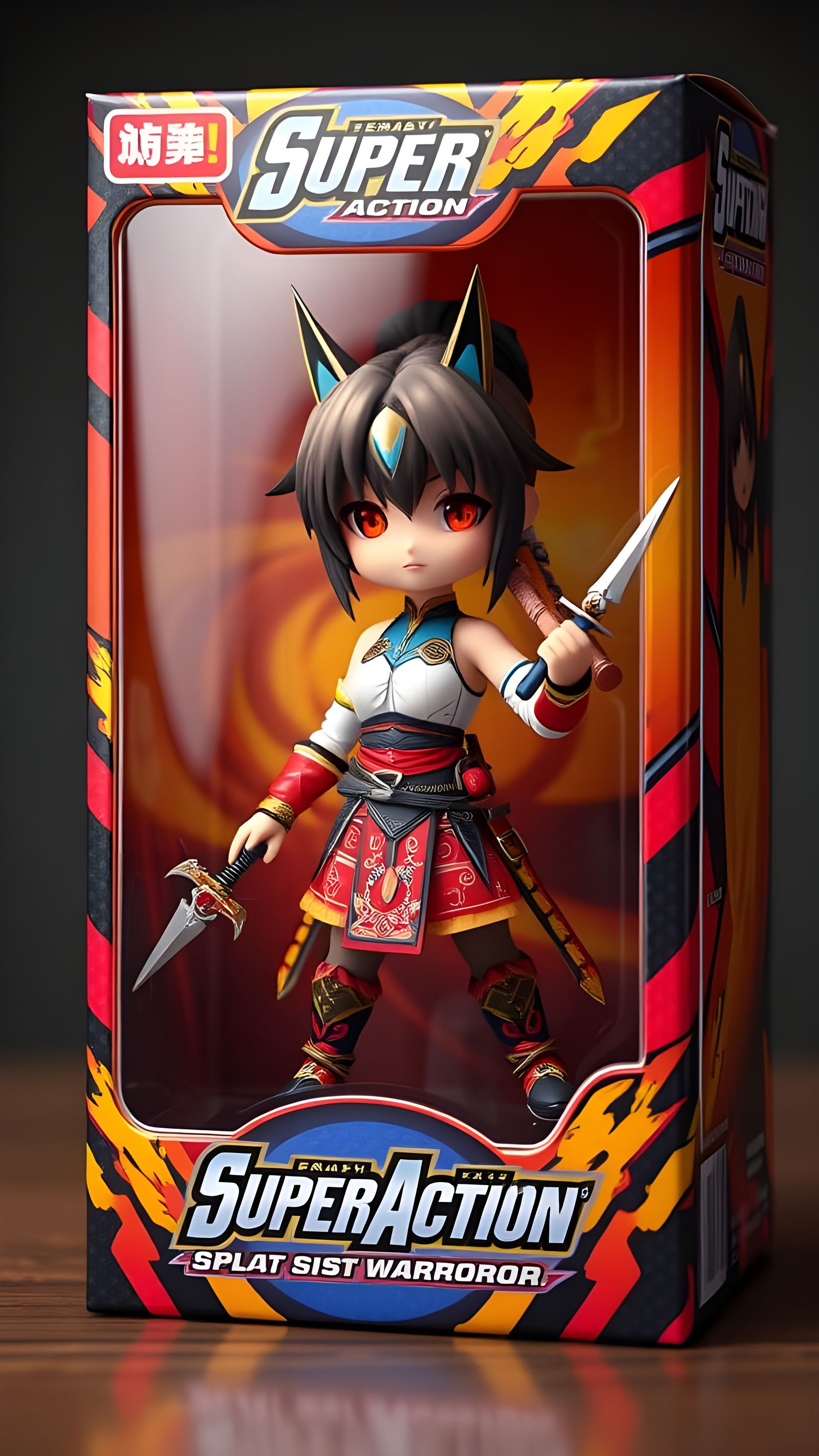 Vibrant Chibi Warrior in Dynamic Retail Box Scene