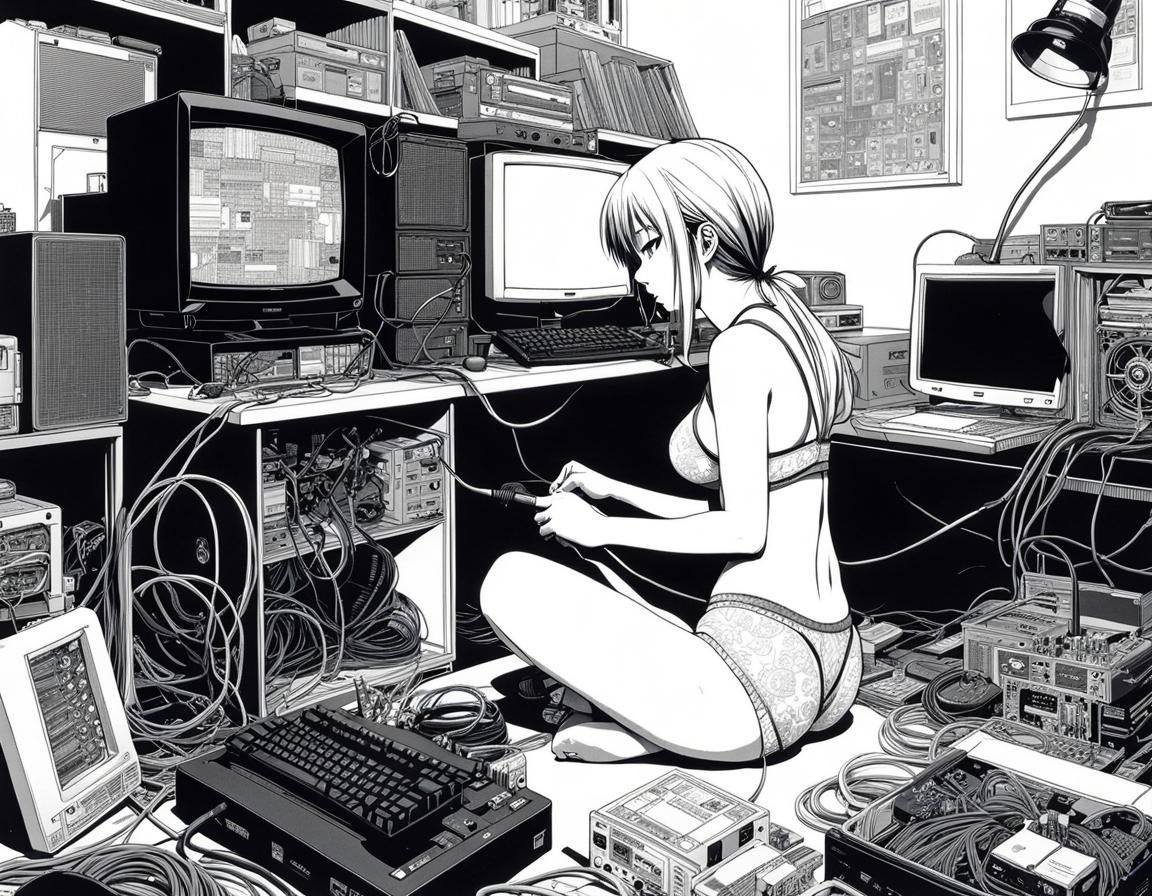 Woman Fixing Computer: Black and White Manga Drawing