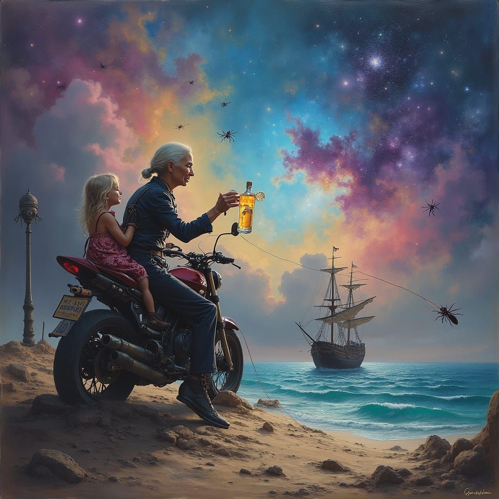 Old Biker and Granddaughter Adrift in Nebula with Pirate Shi...