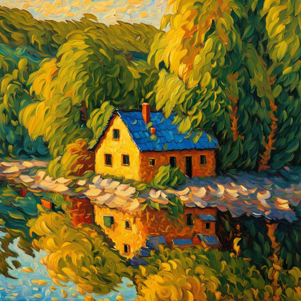 Tiny House by River in Neo-Impressionist Style