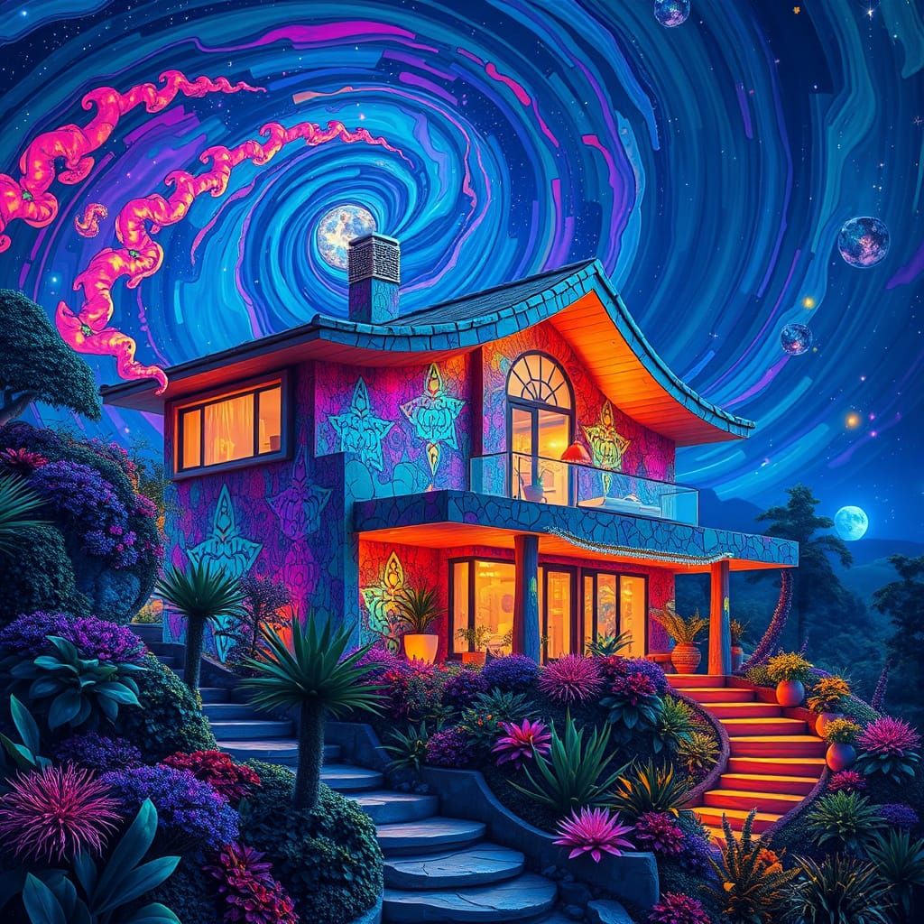 Cosmic Modern Mansion in Vibrant, Iridescent Hues