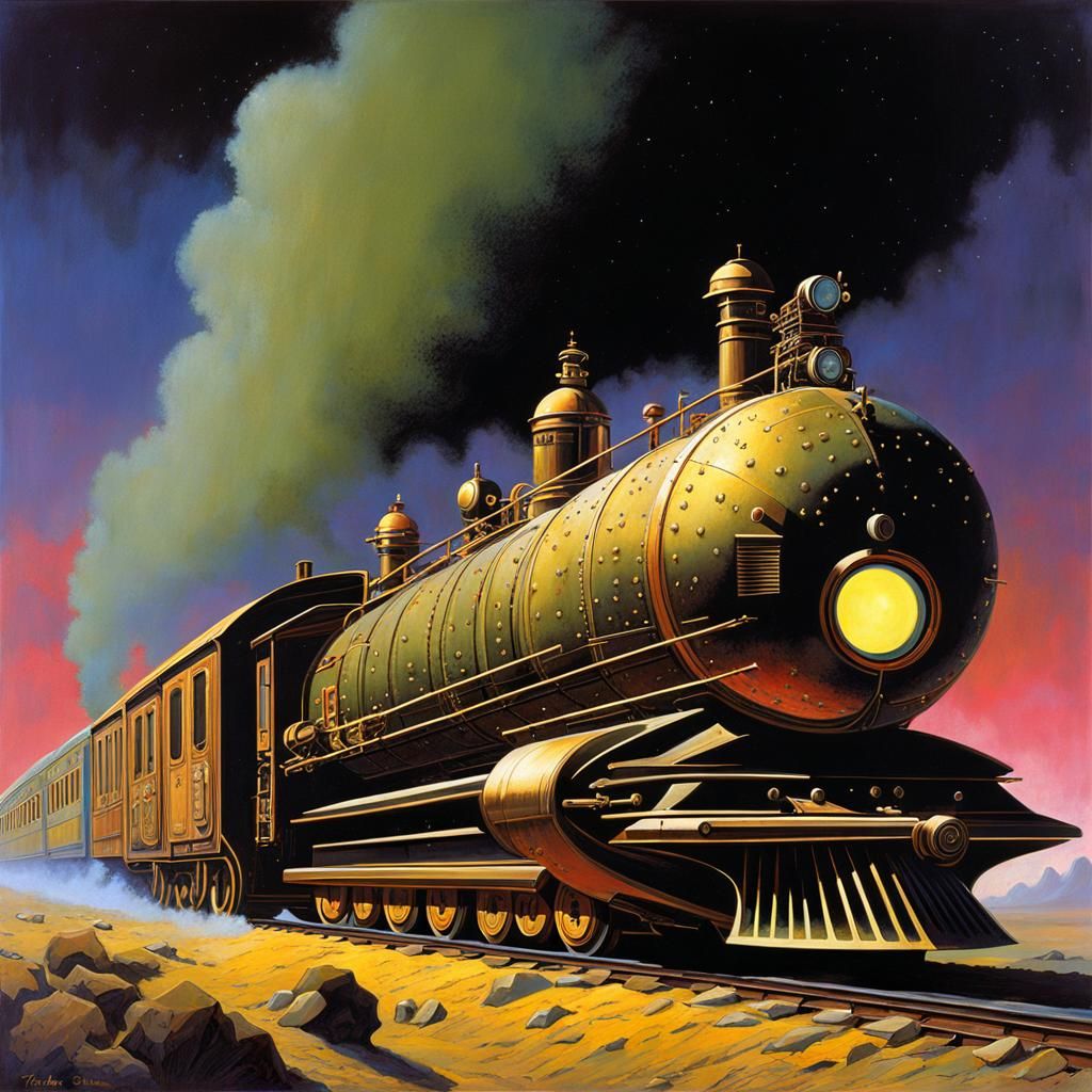 Steampunk Night Train in Retrofuturist Oil Painting Style