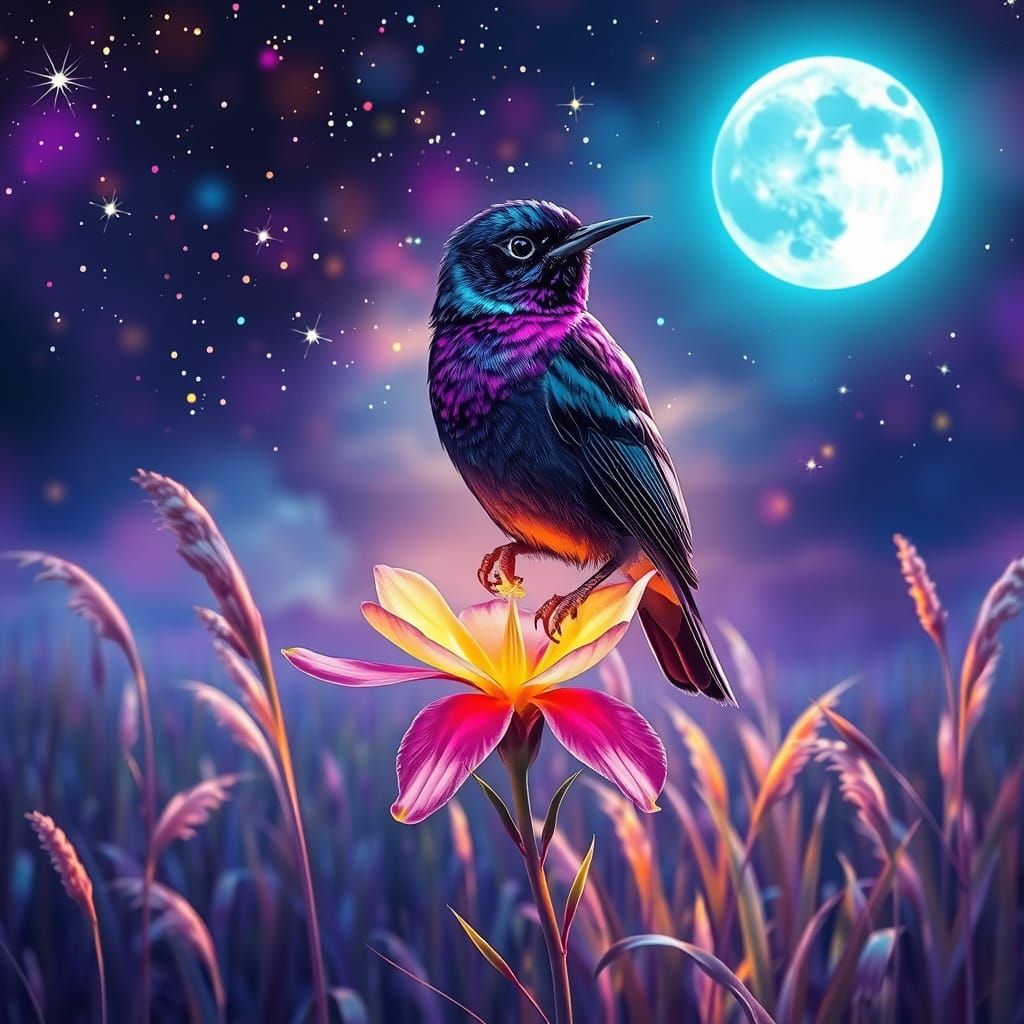 Surreal Purple-breasted Cotinga in a Starry, Moonlit Field