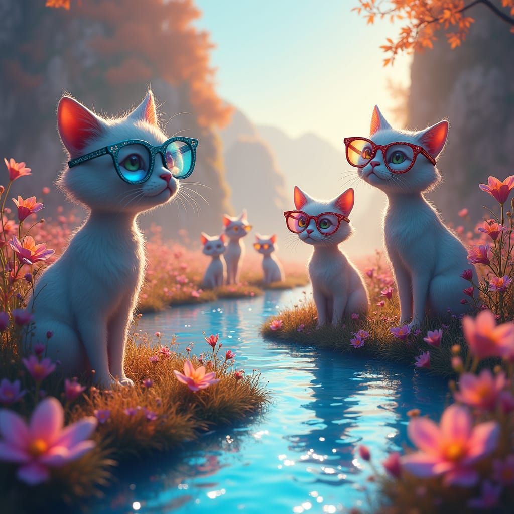 Whimsical Feline Community in a Vibrant Dreamlike Valley