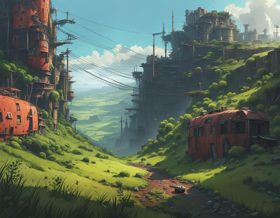 Overgrown Dystopian Landscape Illustration in Sci-Fi Style