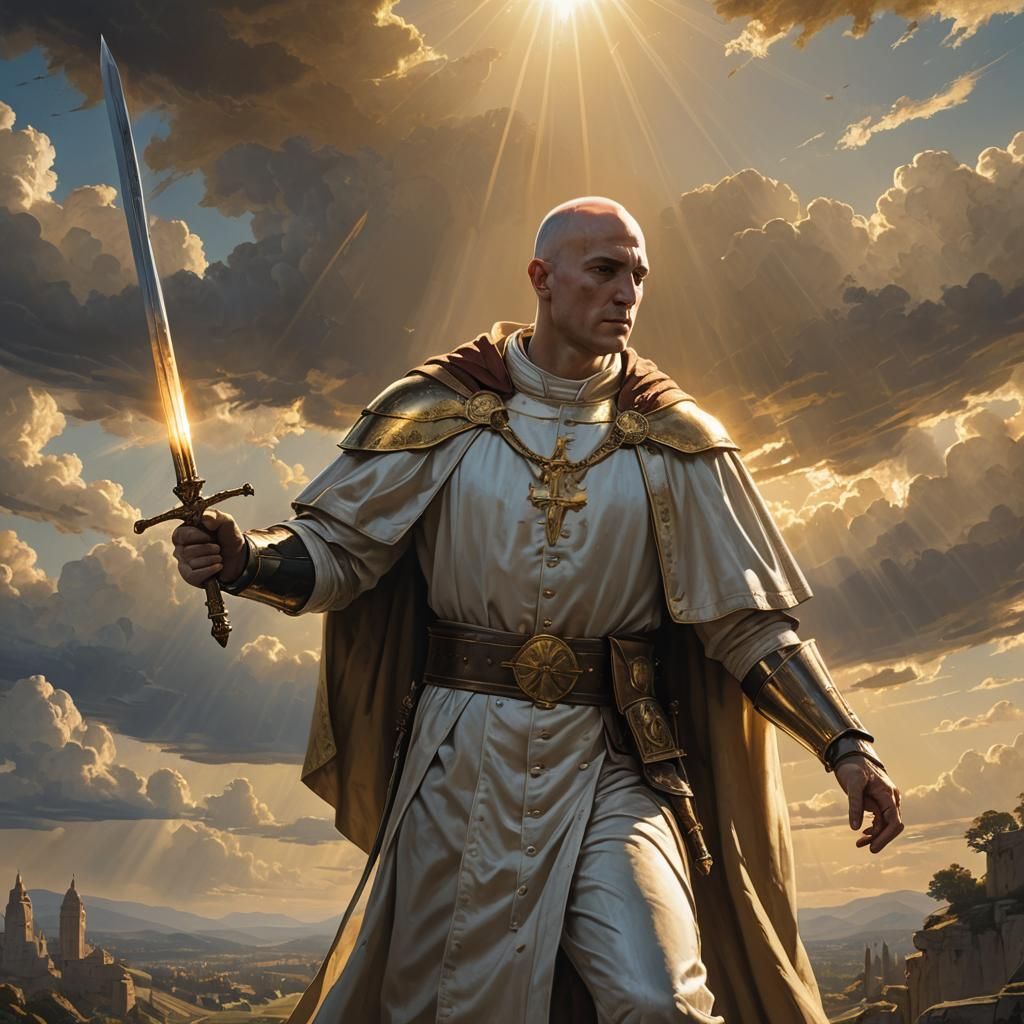 Heroic Bald Man with Sword in Atmospheric Realism