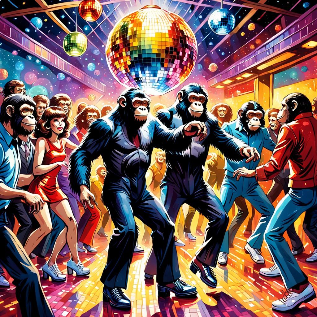 Apes Dancing at Disco in Gouache Impressionist Style