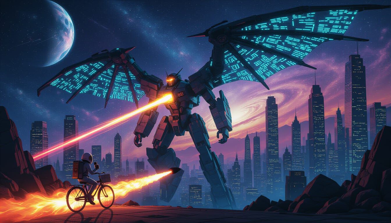 Cyberpunk Mech-Dragon Soars Through Fractured Starlight Gala...