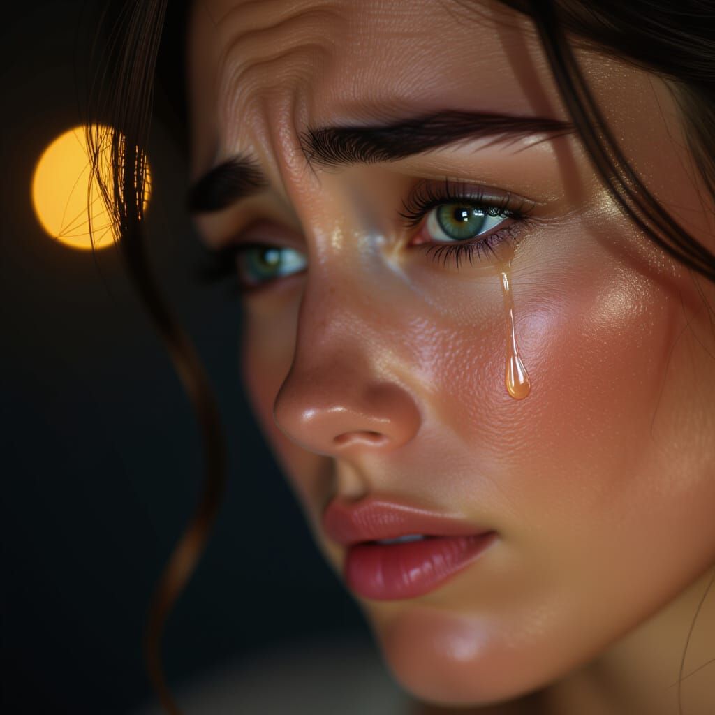 Emotional Cinematic Portrait: A Single Tear in Warm Light