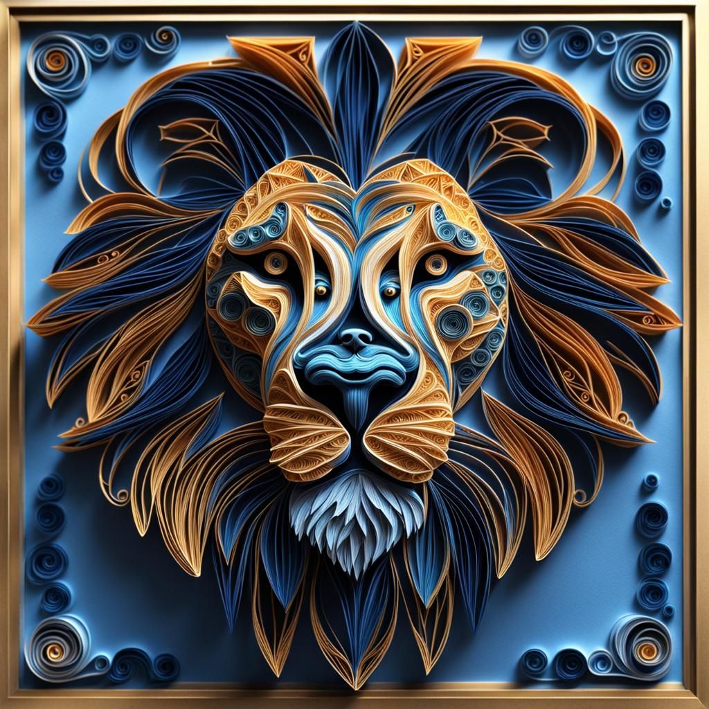 Gothic Quilled Lion in Blue and Gold