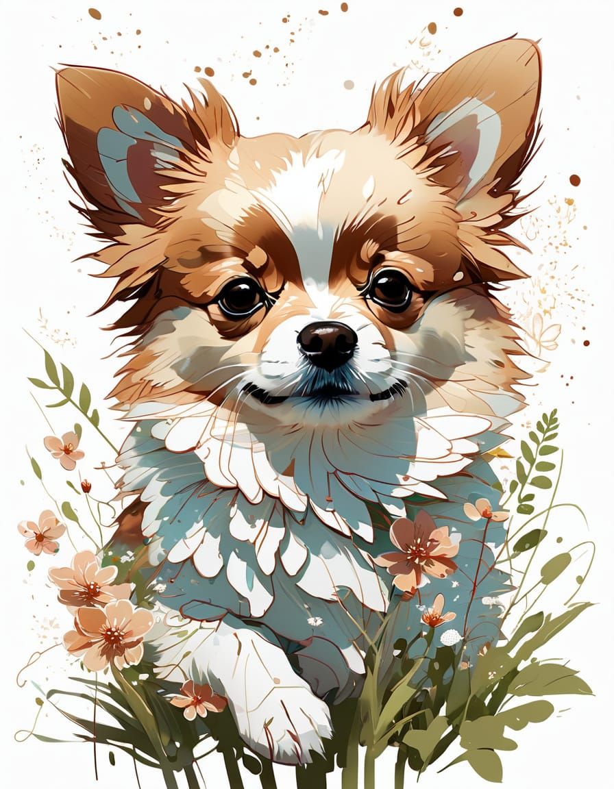 Adorable Pomchi Puppy in Spring Floral Digital Art