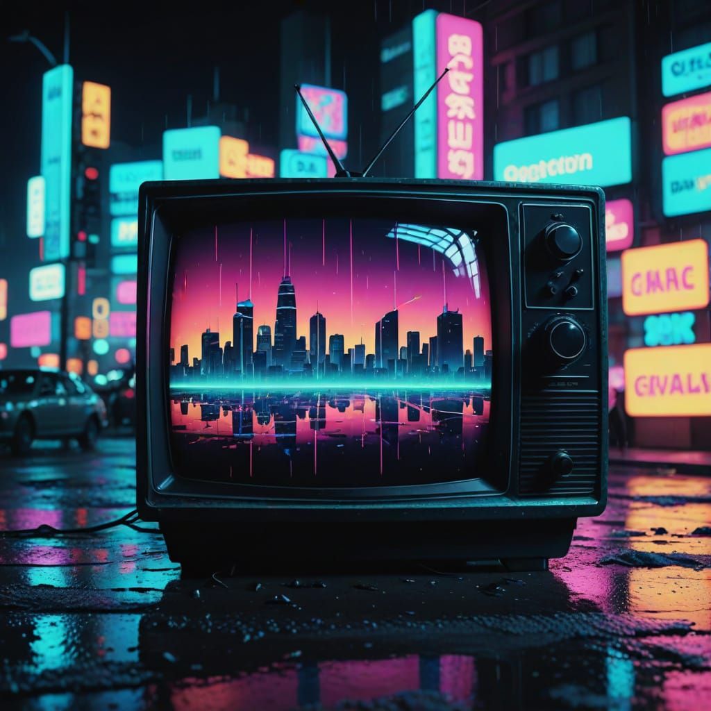 Retro Futuristic Television with Distorted Cityscape