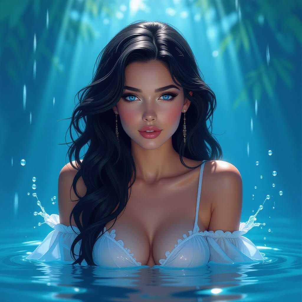 Longing Mermaid Watching Sprinkler, Hyperdetailed Splash Art