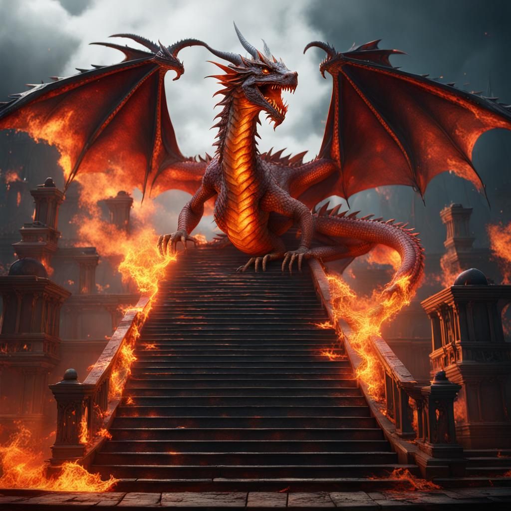 Fire Dragon on Broken Stairs in Detailed Matte Painting
