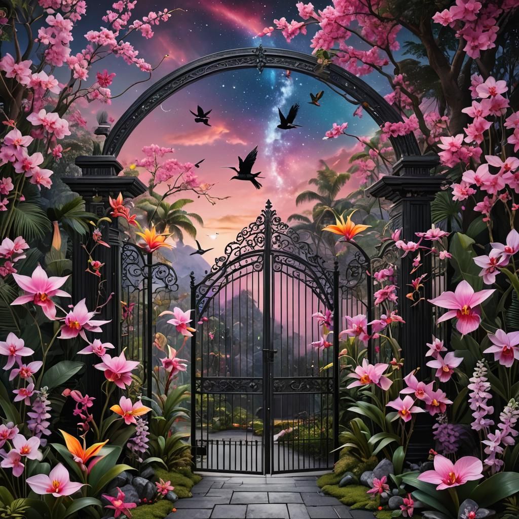 Mystical Orchid Garden with Pink Cloud Gates