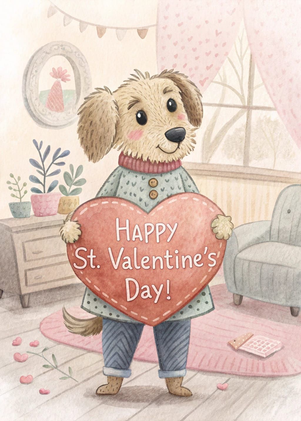 Whimsical Watercolor Dog Holds Valentine's Day Card