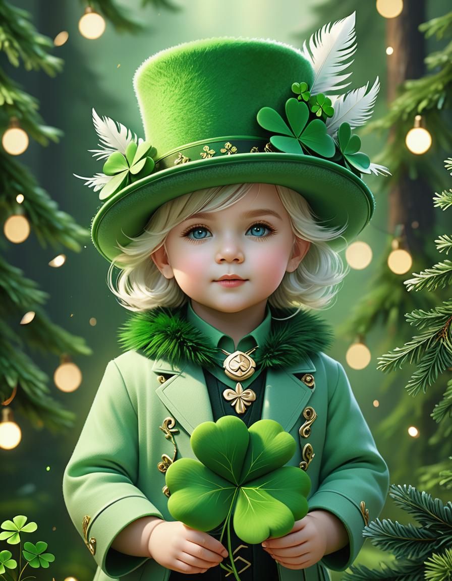 Cute Toddler in Shamrock Hat with Birds and Notes