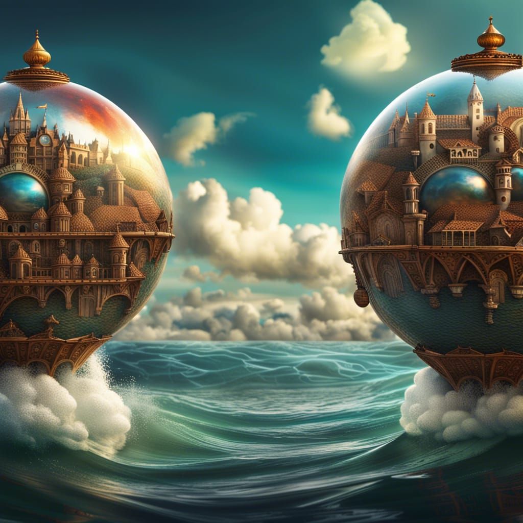 Glass Spheres with Medieval Cities, Fantasy Concept Art