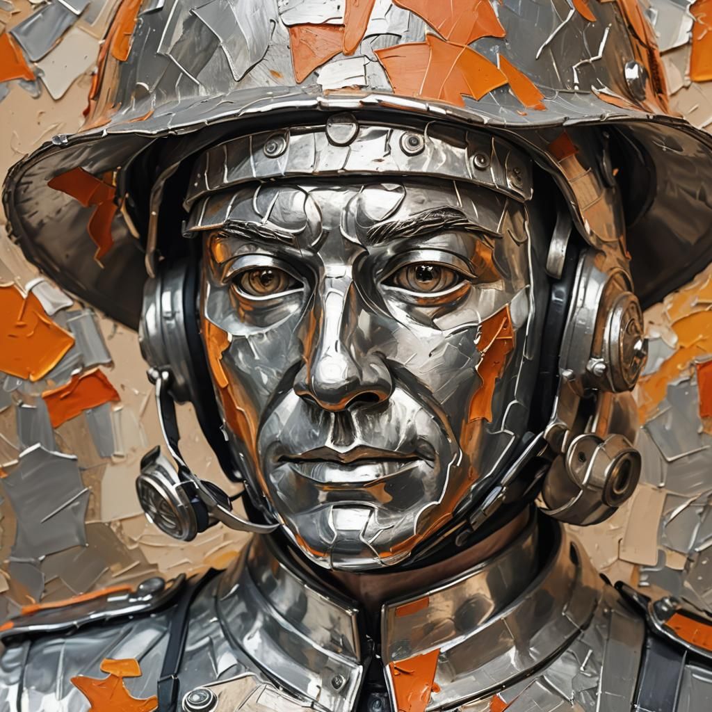Orange Skinned Man in Silver Helmet, as Impressionist Art