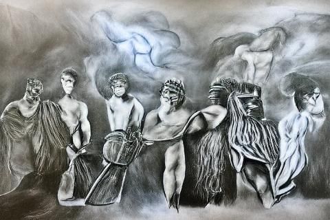 Mythological Greek Gods in Charcoal Drawing