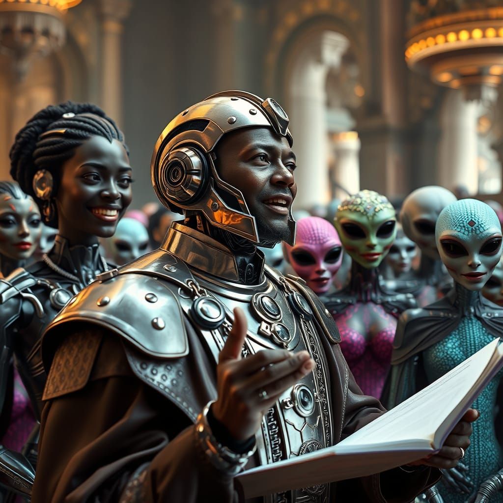 Cyborg Pastor Preaching to Alien Congregation