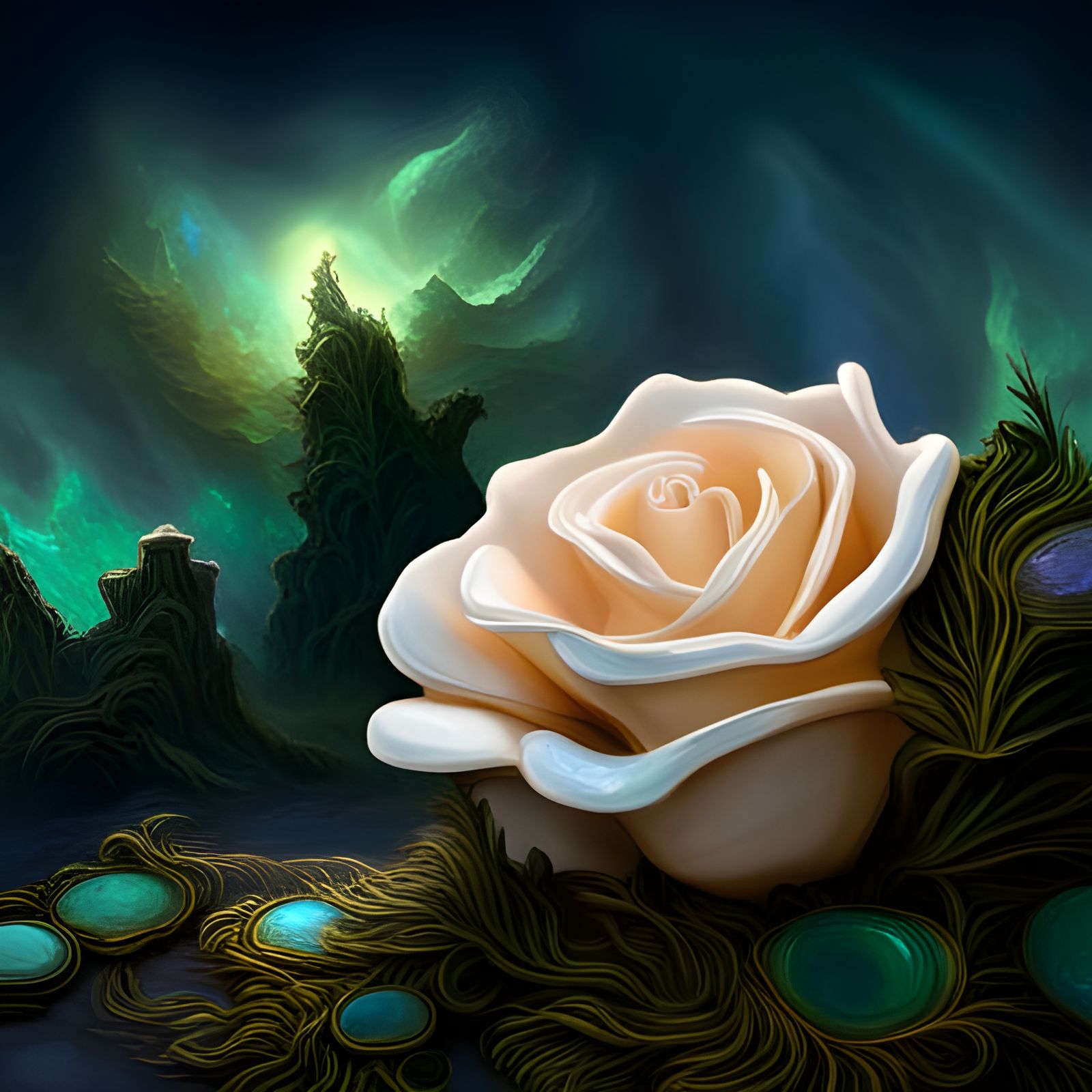 Opalescent Rose Sculpture with Jade and Minerals