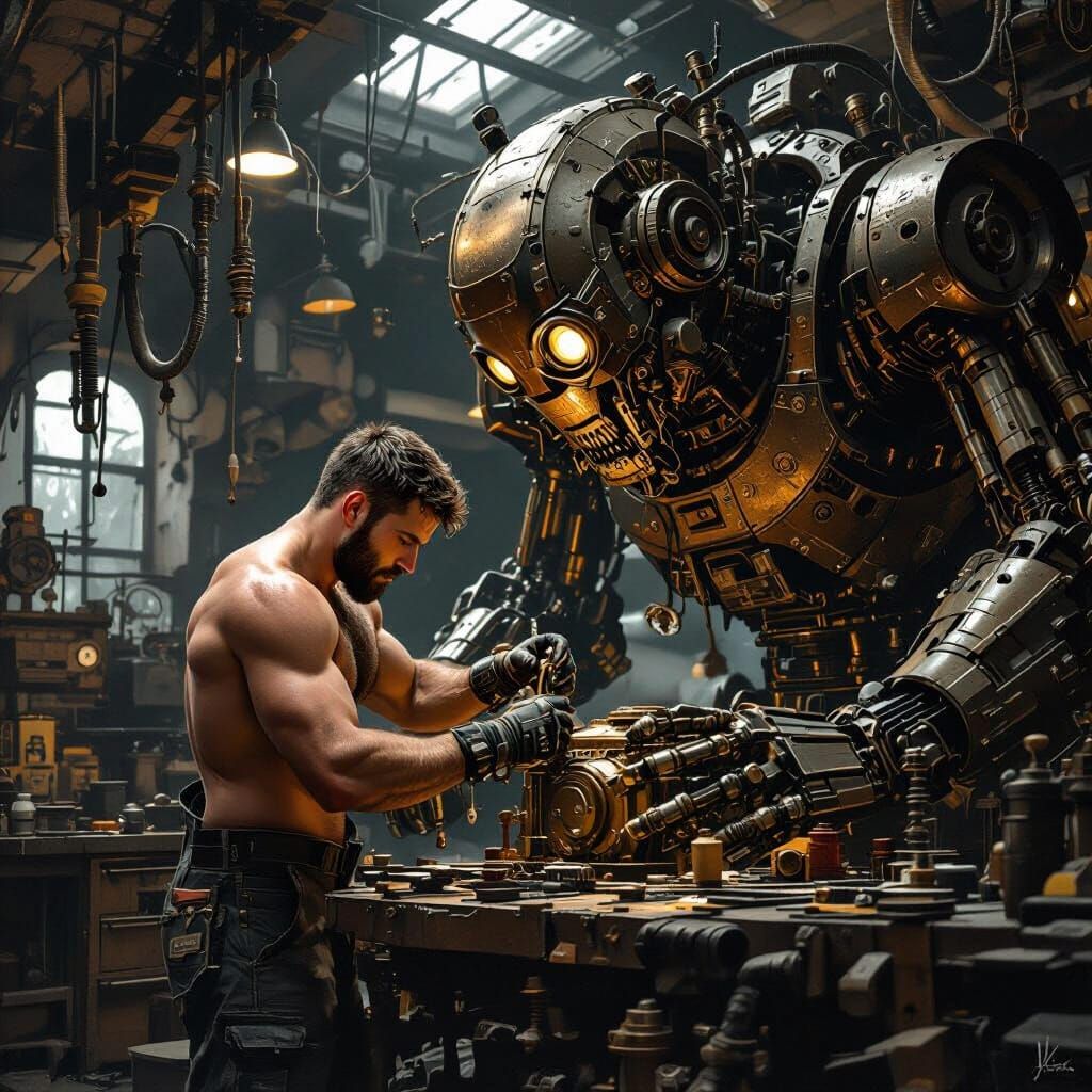 Muscular Mechanic Repairs Colossal Steampunk Automaton