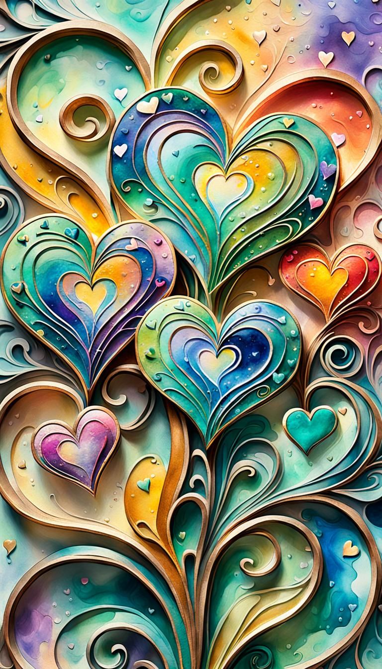 Art Nouveau Hearts in Watercolor and Oil Paint