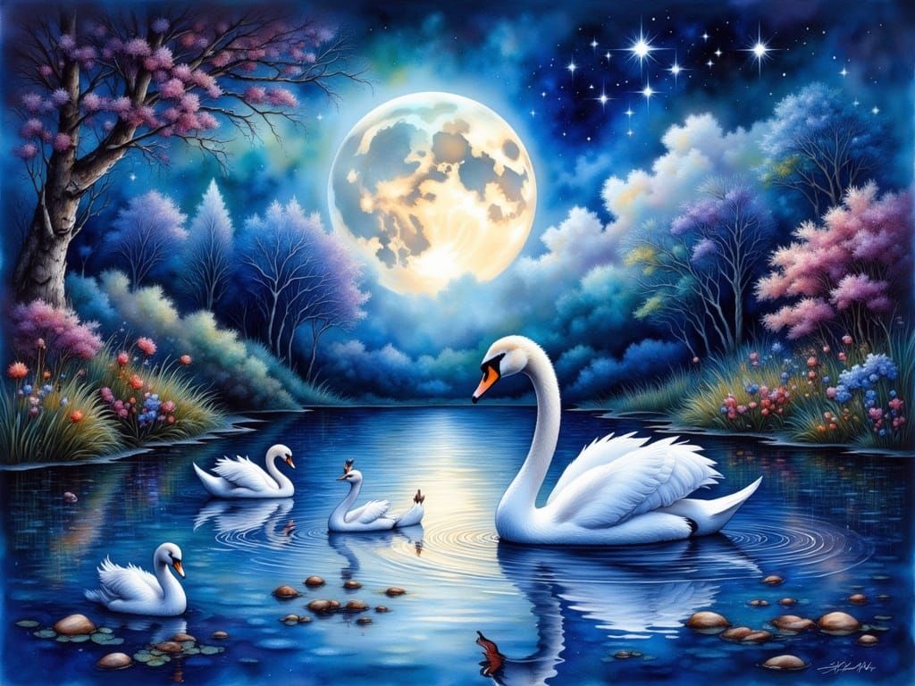 Serene Moonlit Lake Scene with Swimming Swans