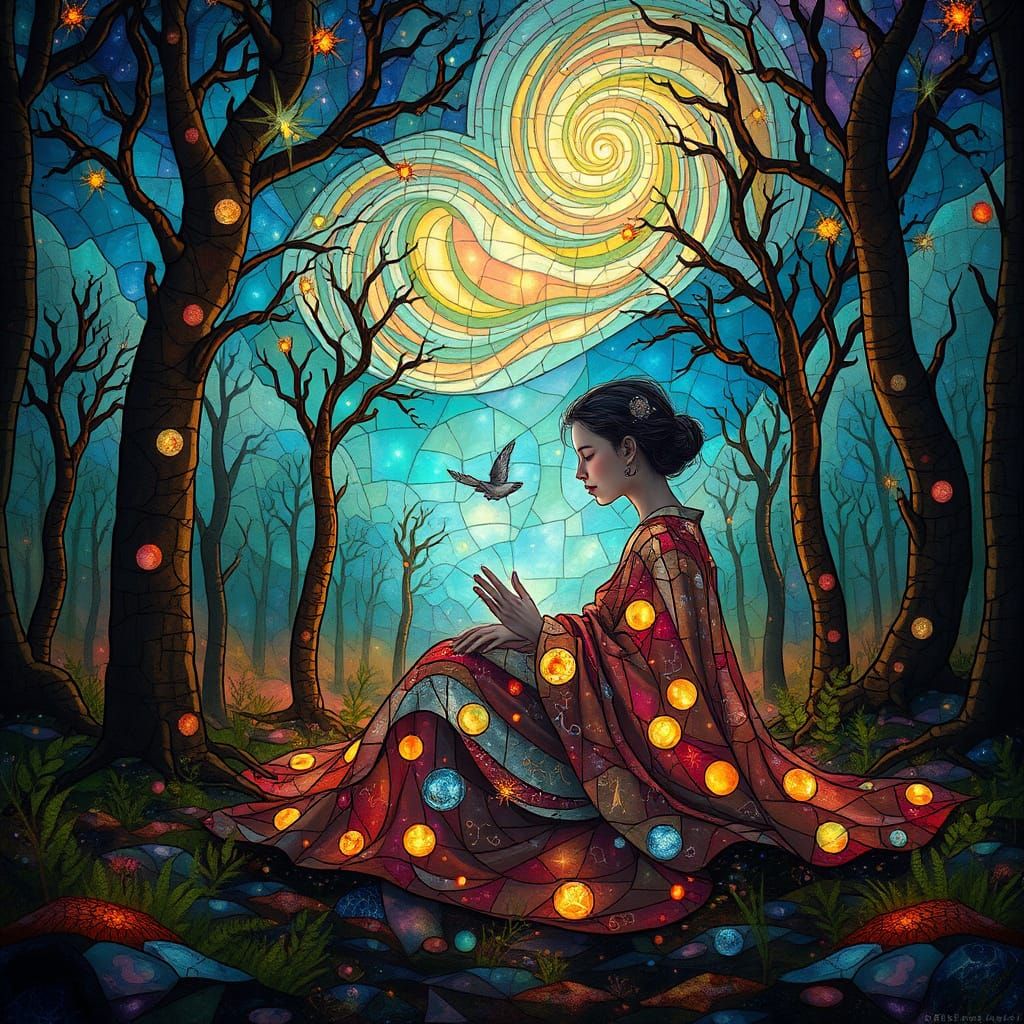 Mystical Figure in Surreal Stained Glass Forest