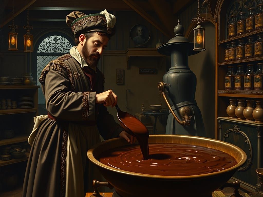 Chocolatier in Ornate Workshop, Early Netherlandish Style