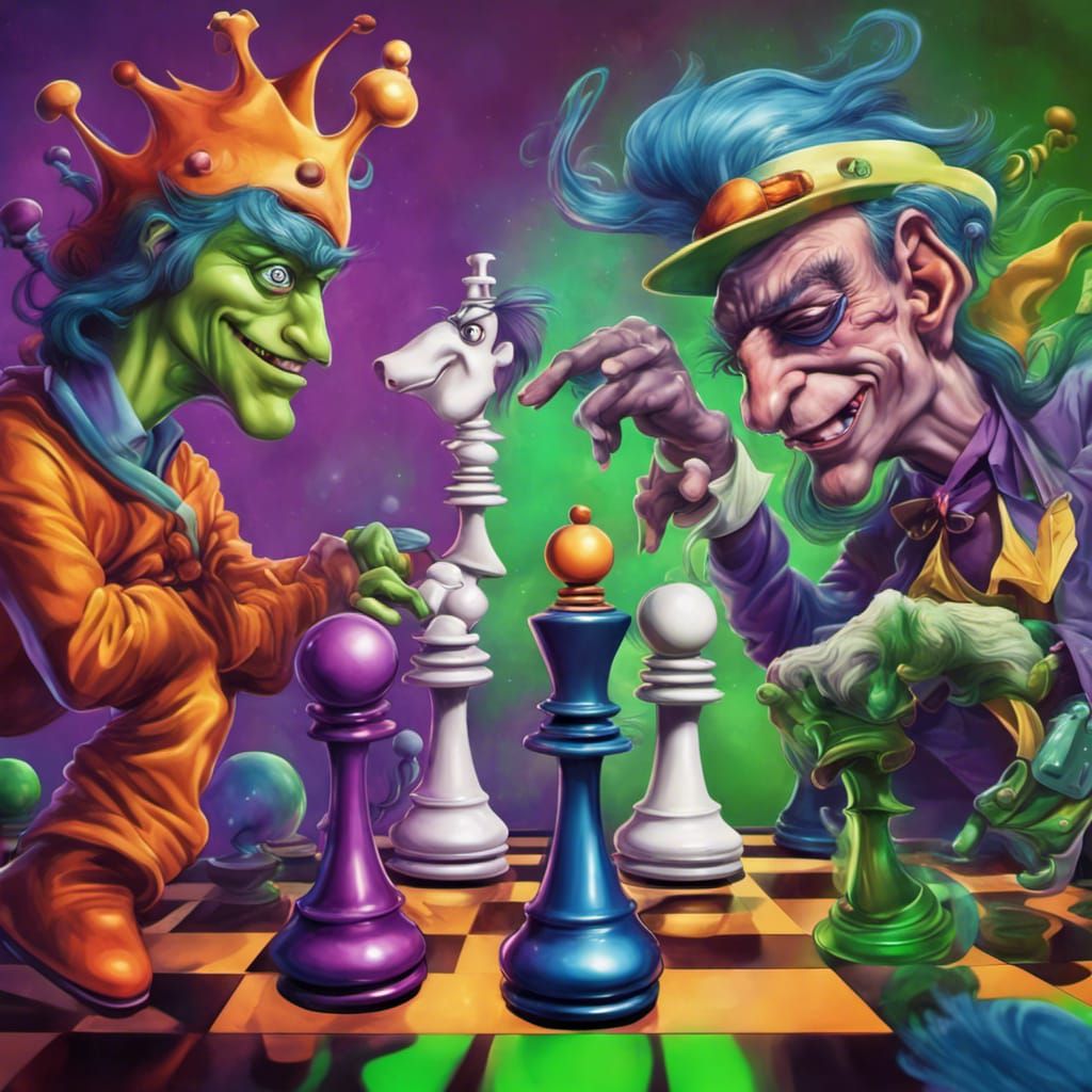a group of cartoon characters on a chess board, flat surreal psychedelic colors, inspired by Volkan Baga, dark neon colo...