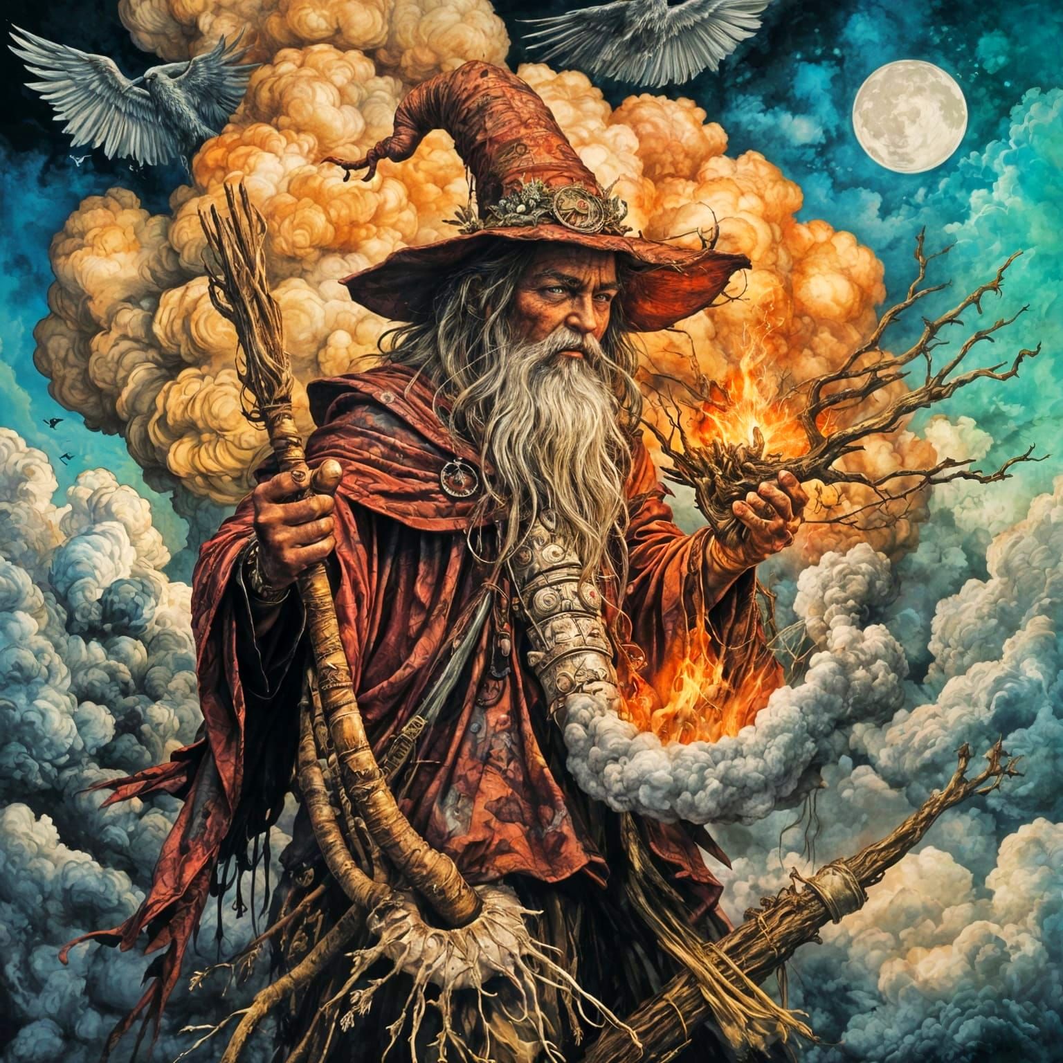 Witch Doctor in Cumulonimbus Cloudscape, Alcohol Ink Art