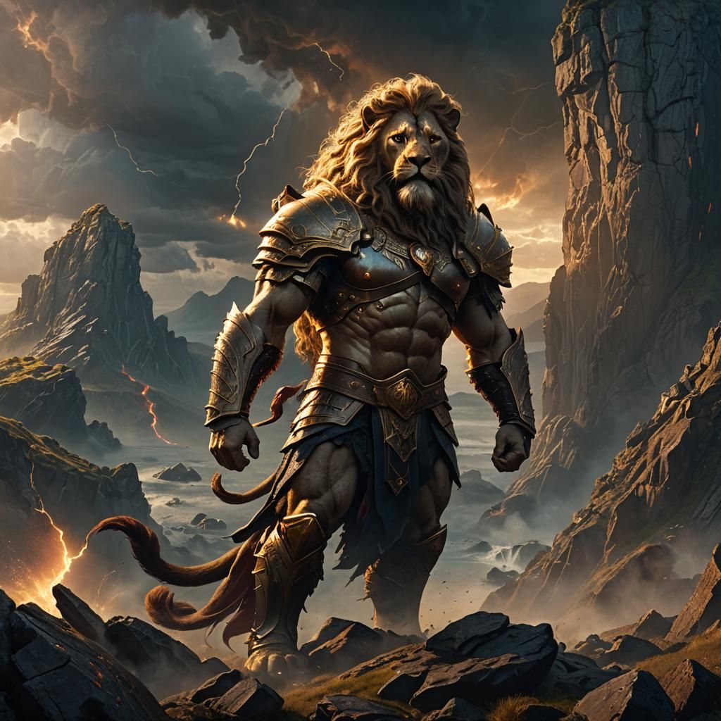 Majestic Lion God on Stormy Battlefield