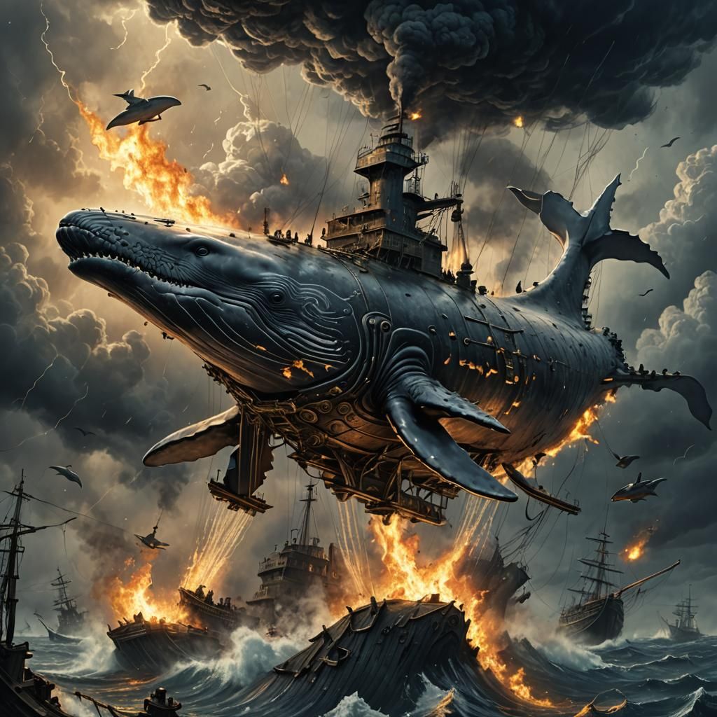 Flying Whale with Machine Guns in Dark Fantasy Style